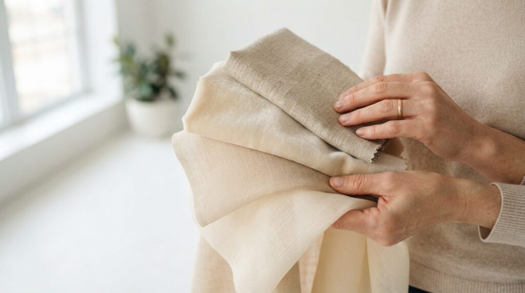 Close-up product photography of a womans hands holding fabr