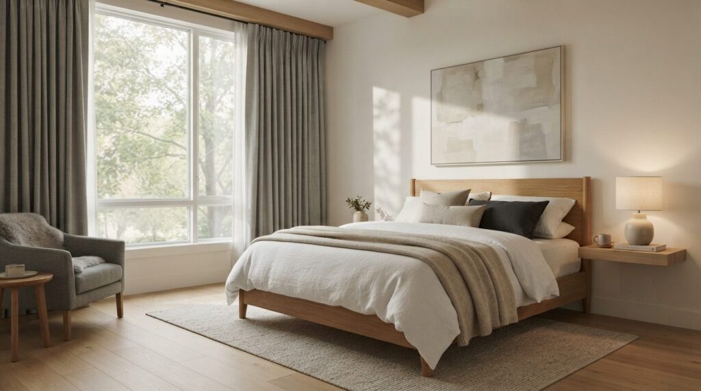 Modern bedroom interior with large windows featuring perfect