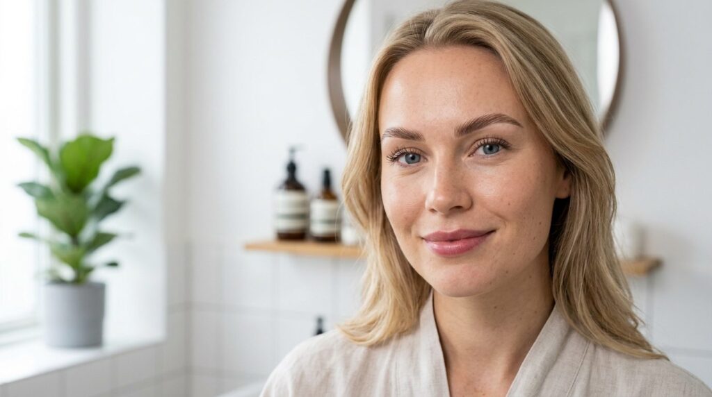 Close-up photorealistic beauty shot of a Danish womans face