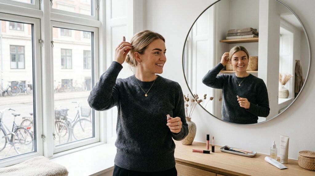 Photorealistic image of a busy modern woman getting ready in
